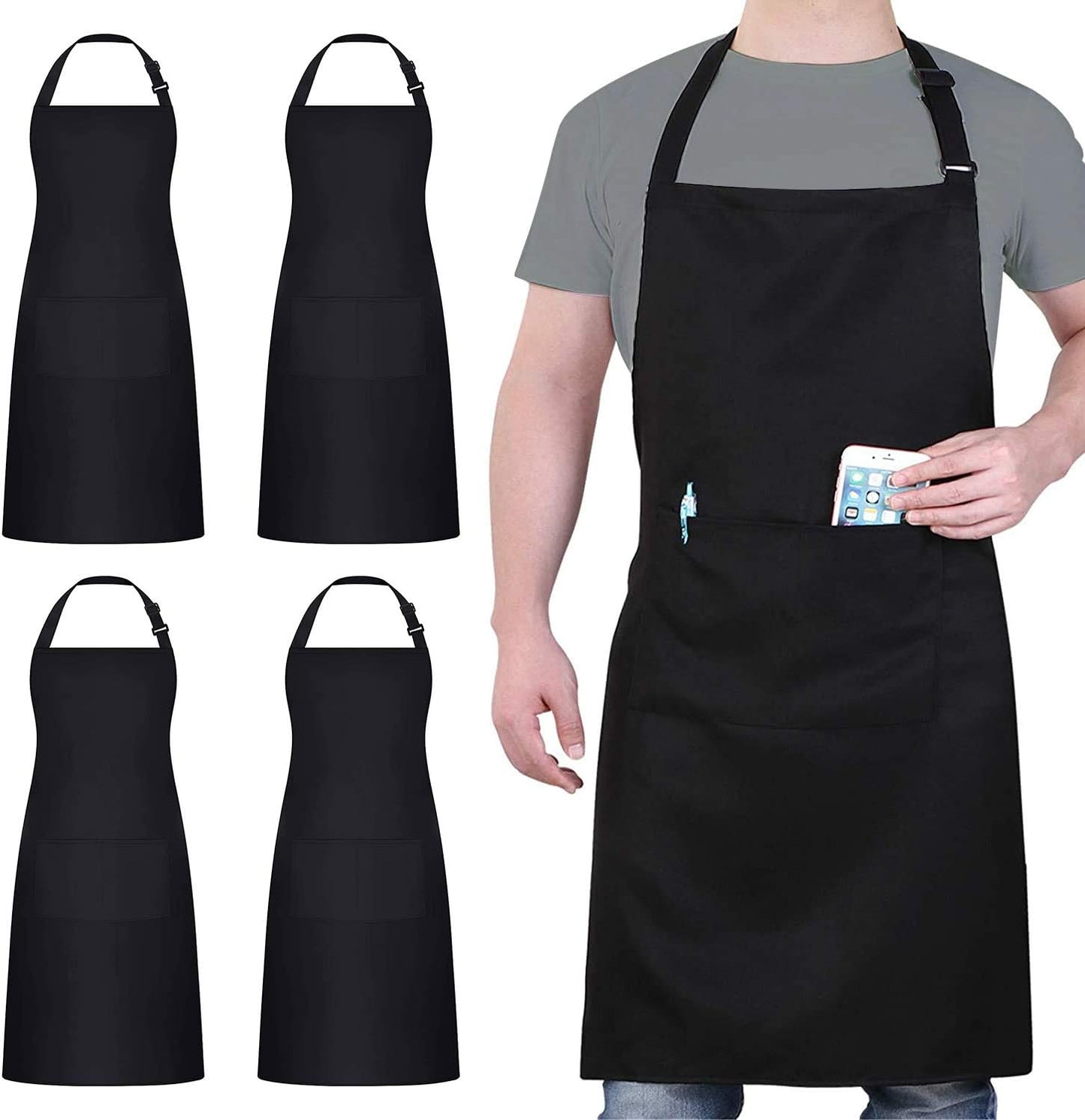 4 Packs Chef Apron, Black Waterproof Apron, Adjustable Aprons with 2 P