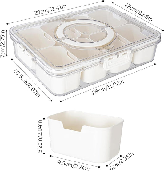 Divided Snack Serving Tray with Lid and Handle travel Snackle Box Charcuterie Container Portable Storage Organizer for Candy, Fruits, Nuts, Snacks 1Pack White