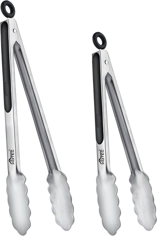 Hotec Stainless Steel Kitchen Tongs, Set of 2-9" and 12", Locking Metal Food Tongs for Cooking, Serving, BBQ, Grill Non-Slip Grip