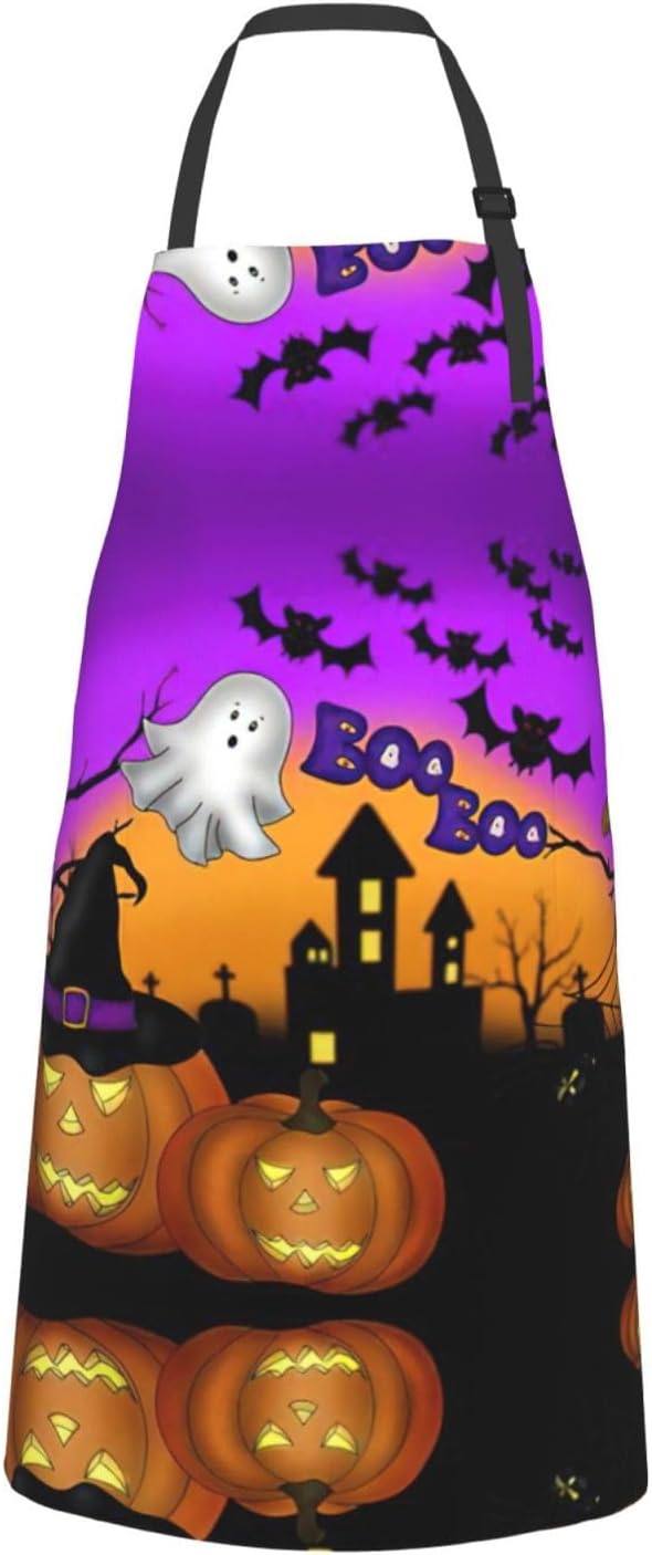 Halloween Owl Ghost Pumpkin Print 28 x 33in Waterproof Apron with Pockets Fashionable Versatile Smock for Baking
