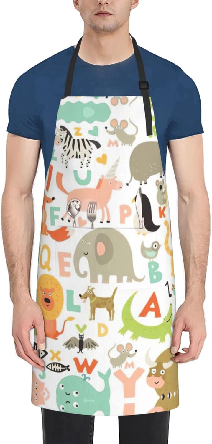 Zoo Alphabet Animal Print Laundry apron 28x33 In Waterproof Kitchen Apron with Pockets for Cooking Baking