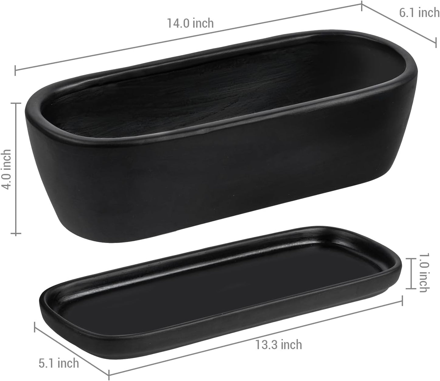 MyGift 14 Inch Oval Modern Matte Black Ceramic Succulent Planter Pot w