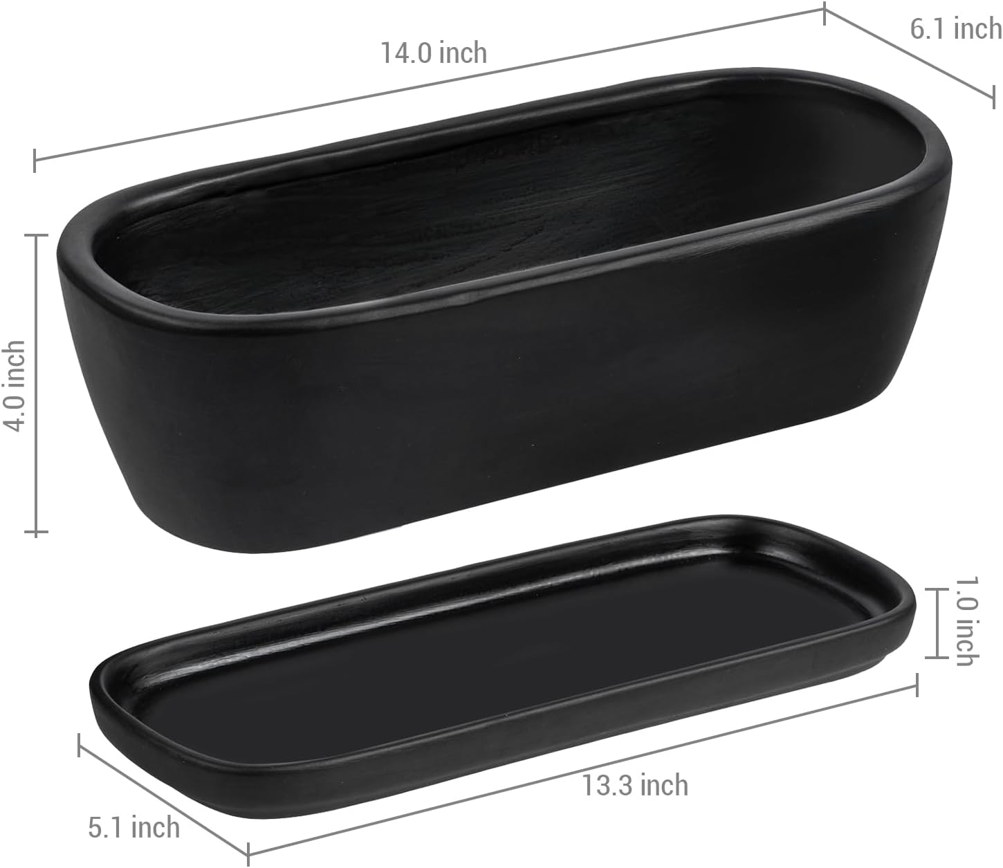 MyGift 14 Inch Oval Modern Matte Black Ceramic Succulent Planter Pot w