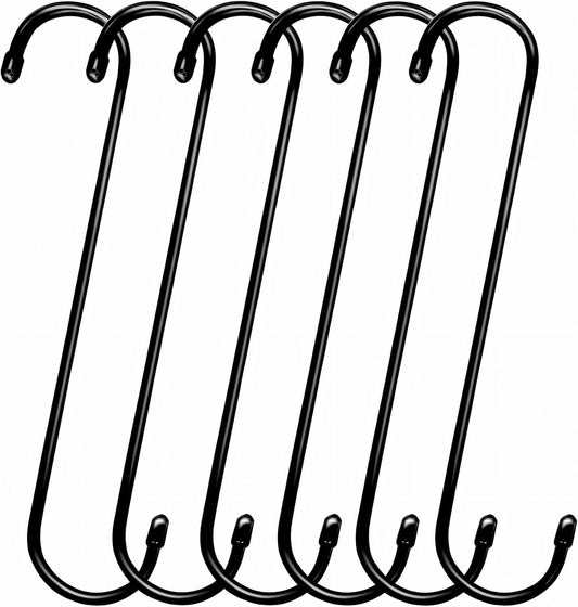 Black Metal S Hooks, 6 Pack 8 Inch, Heavy Duty, Rust Resistant, 35 Pound Weight Capacity, Ideal for Hanging Plants & Bird Feeders, Indoor/Outdoor Use