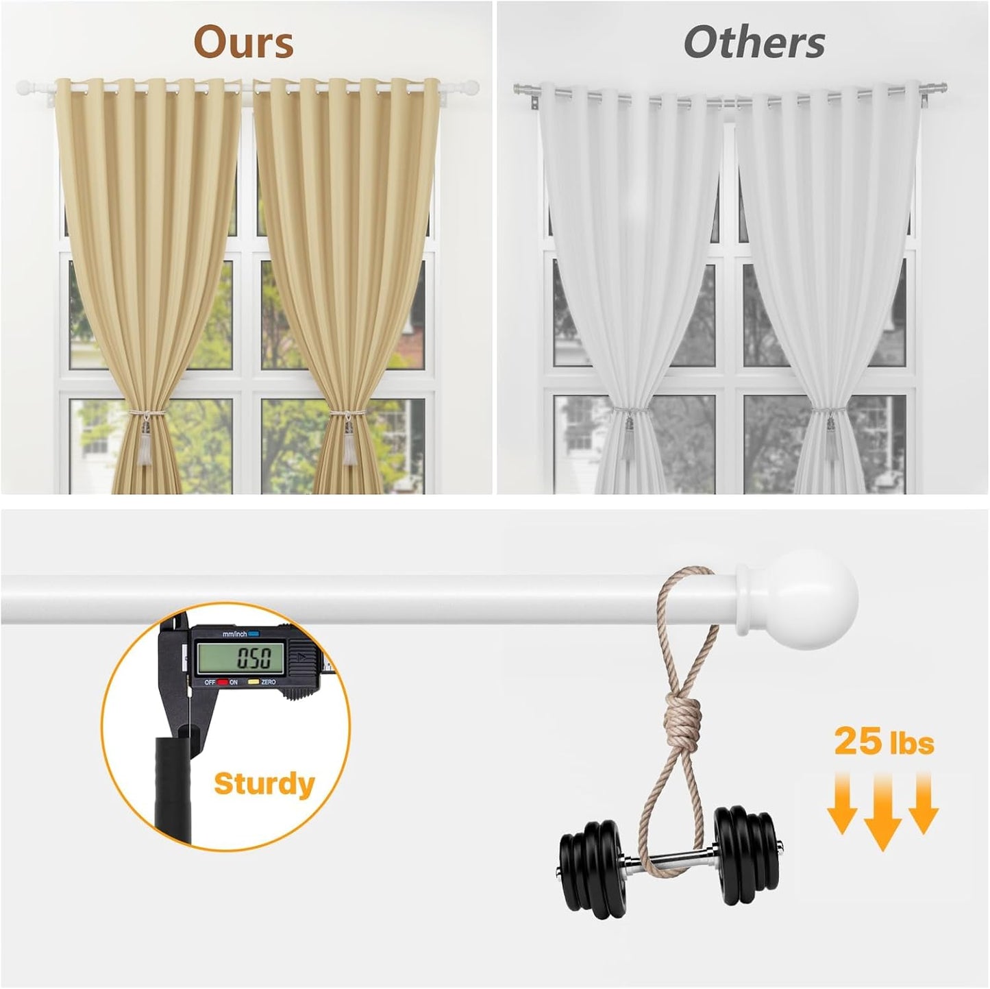 White Curtain Rods for Windows 28 to 48 Inch, Heavy Duty Curtain Rod Set with Brackets, Decorative Adjustable Curtain Rods for Bedroom, Living Room, 5/8" Metal Drapery Rod