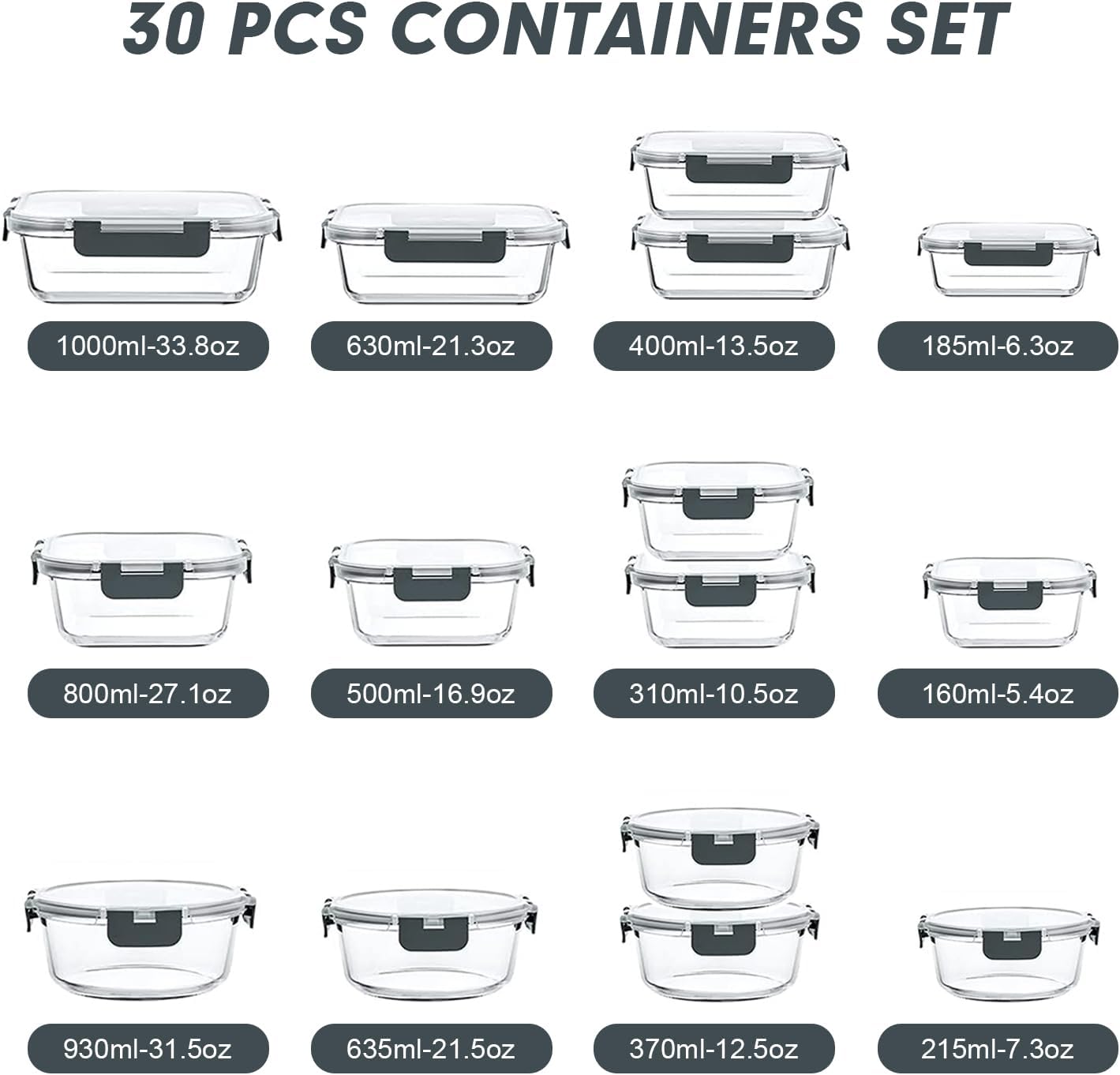 VERONES 30 Pieces Glass Meal Prep Containers Set, Stackable Glass Food