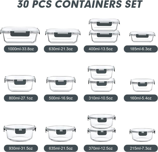VERONES 30 Pieces Glass Meal Prep Containers Set, Stackable Glass Food