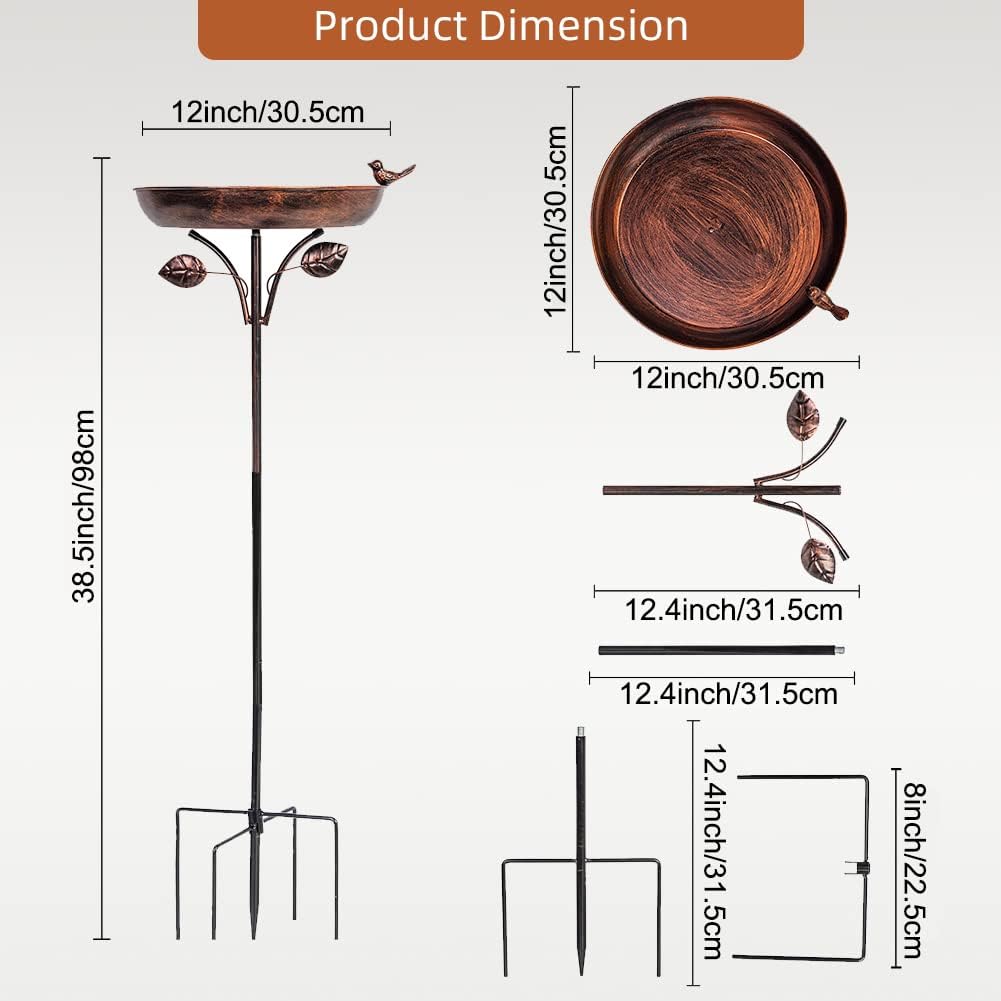 VEWOGARDEN 38" Tall Metal Bird Bath for Outside, Outdoor Bird Bath Feeder with 5-Pronged Stake for Garden, Yard, Patio Decor, Antique Bronze