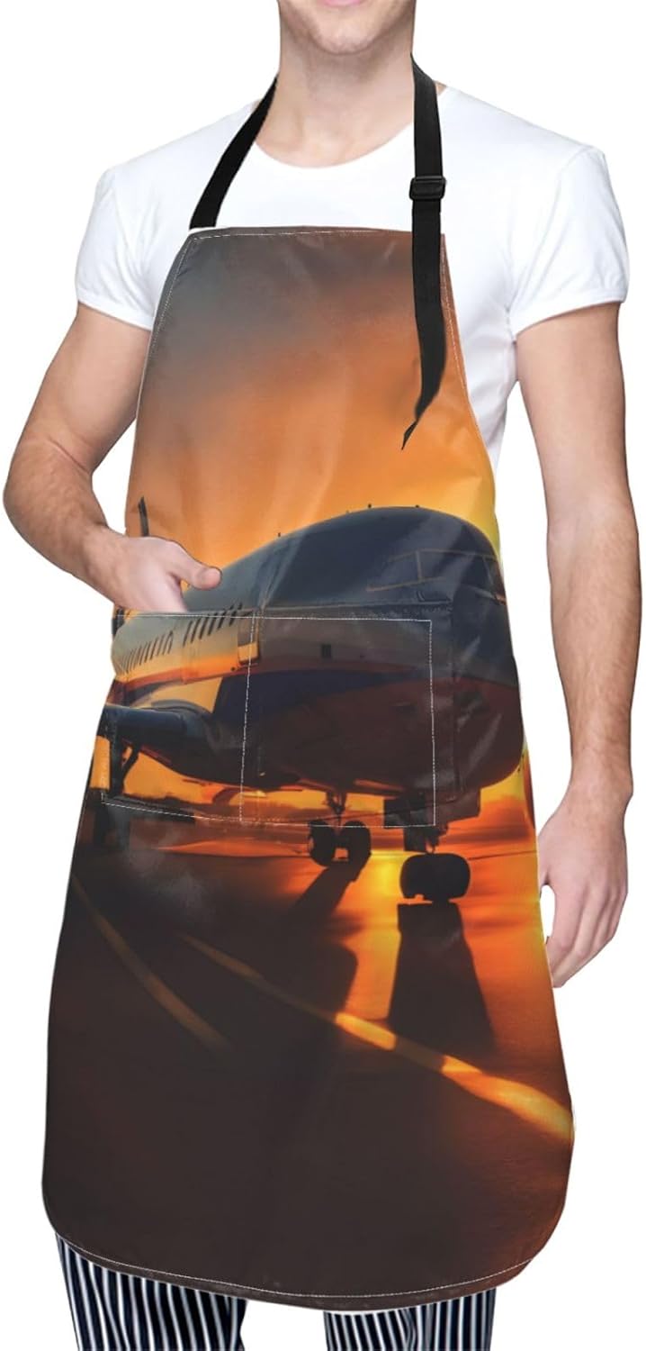 airplane at sunset Print Laundry apron 28x33 In Waterproof Kitchen Apron with Pockets for Cooking Baking