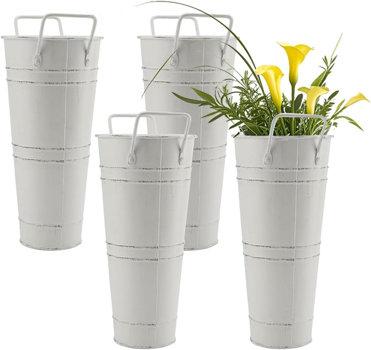 HOIGON 4 PCS Galvanized Metal Flower Vases, 9 Inch Rustic Farmhouse French Bucket with Handles,Metal Flower Holder for Weeding, Table, Home Decoration, White