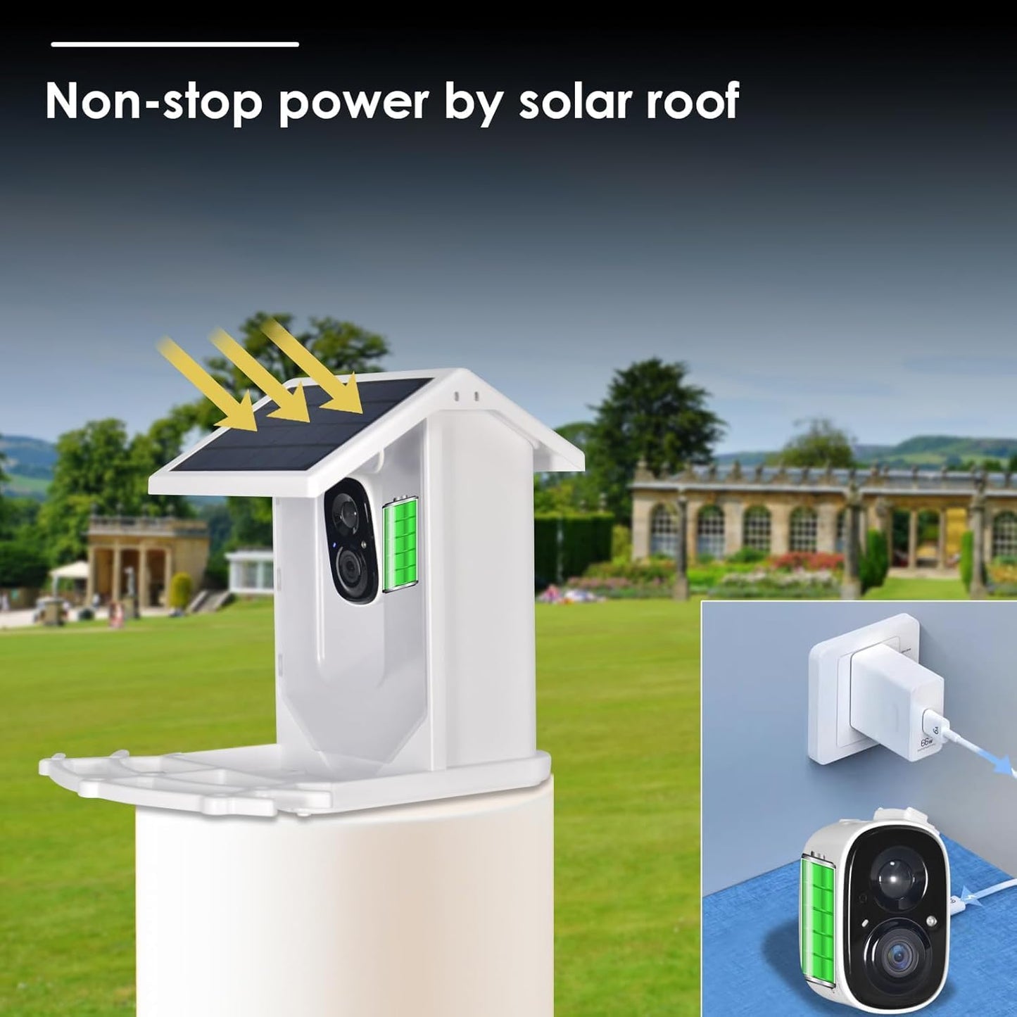 AIMOEST Smart Feeder with Camera, Outdoor Feeding House 2.5L Waterproof, Solar-Powered, HD Watching Cam with AI Identity, Instant Arrival Alert, Squirrel Proof