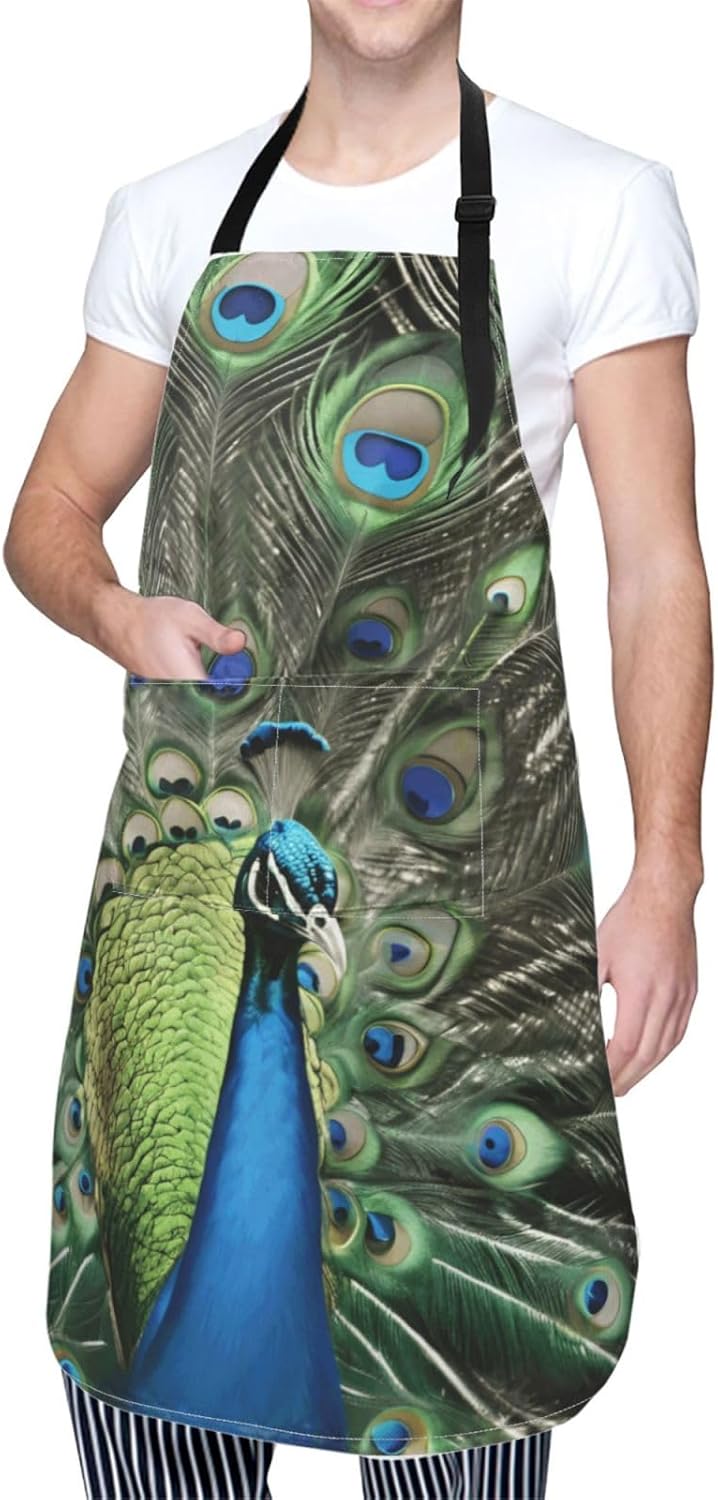 YANYU Fresh peacock Print 28x33 In Kitchen Apron Stylish Chef Apron with Pockets for Cooking Baking Painting