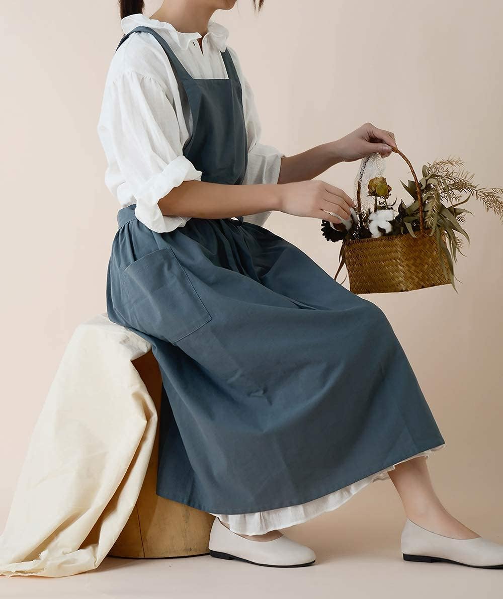 Cotton Pleated Apron Retro Waterdrop Proof Garden Cleaning Pinafore Dr