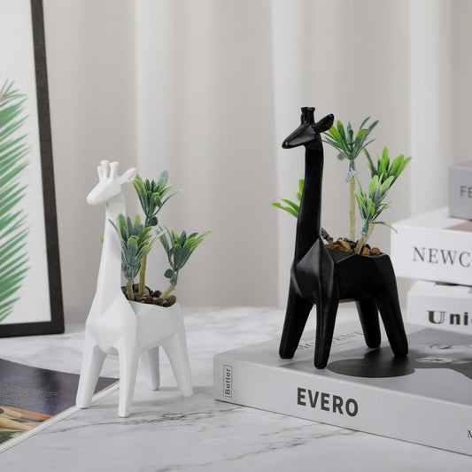 A beautiful minimalist geometric animal simulation potted plant sculpture. This is an ideal creative and unique decoration item, suitable for both home and office use. (White giraffe figurine)