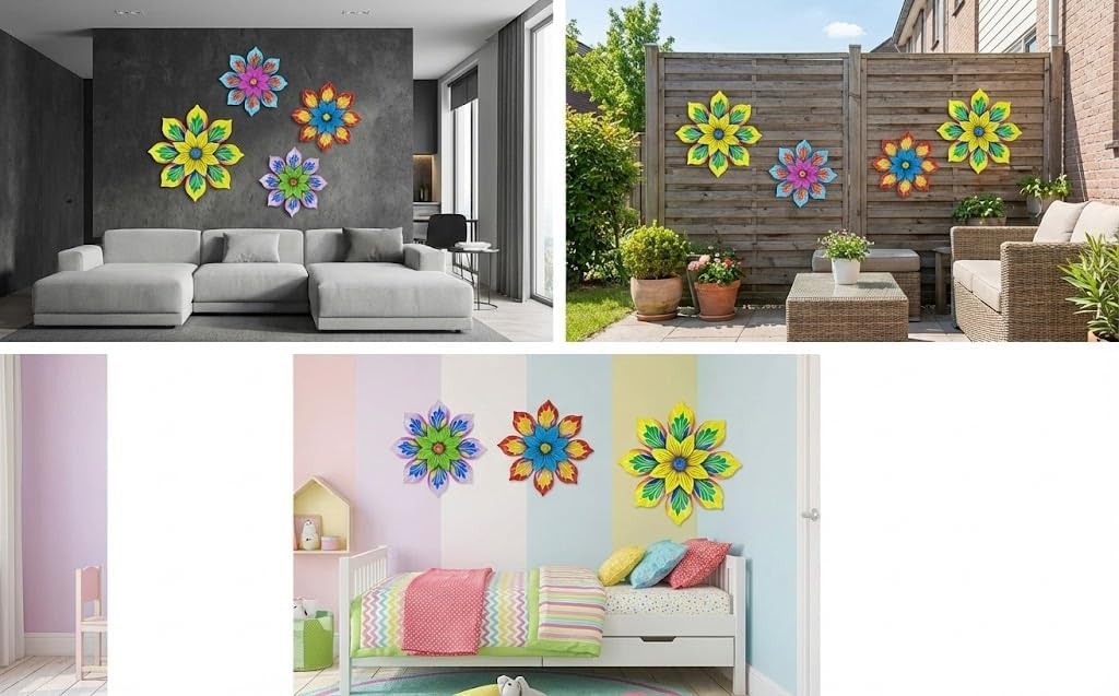 GENHAOTHREE Vibrant Metal Flower Wall Art Decor Set of 4-5.9 Inch Colo