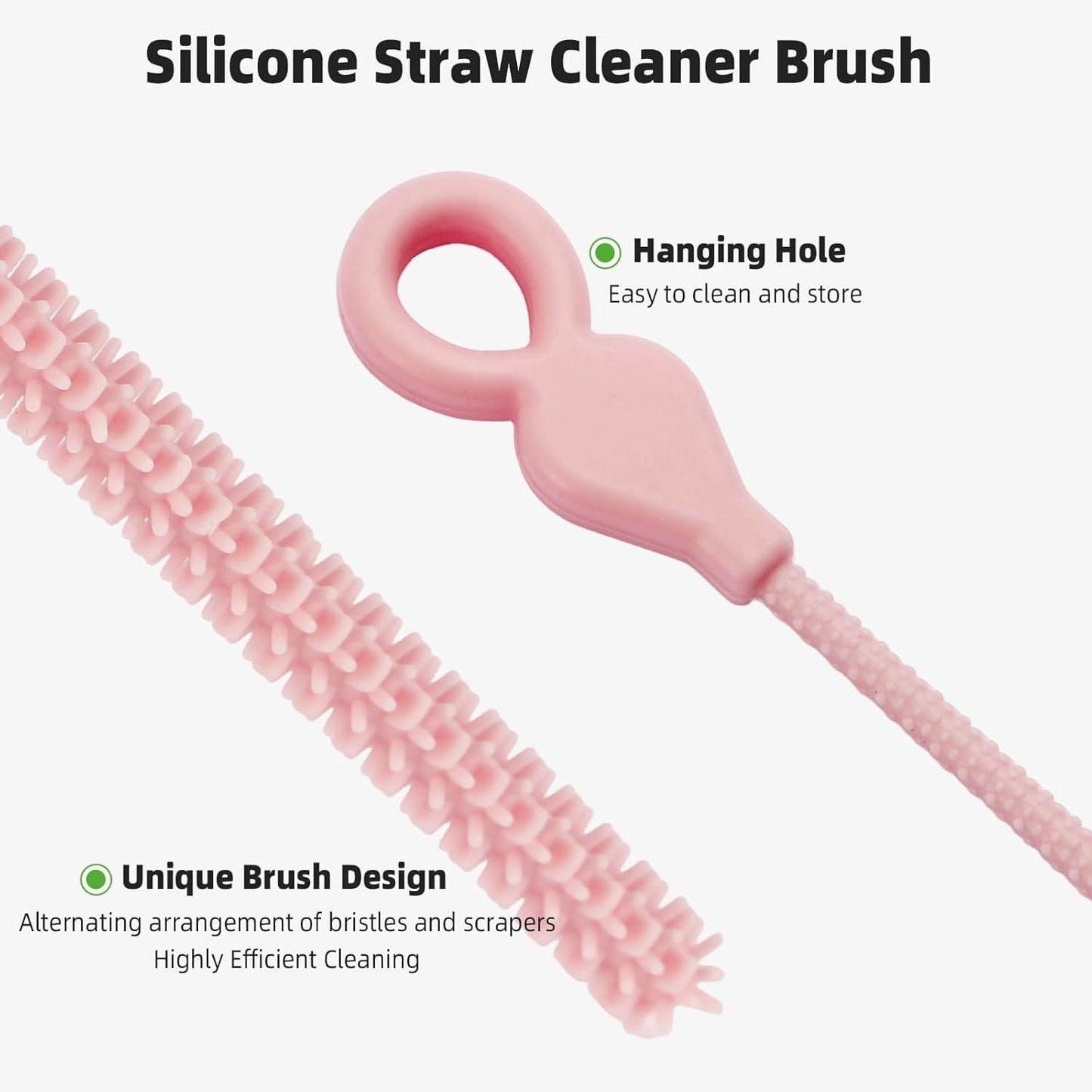Silicone Straw Cleaner Brush, 4-Piece Reusable Straw Brush Set with Extra-Long Design for Cleaning Thin Metal Straws and Wider Milkshake Straws （6mm+9mm Pink)