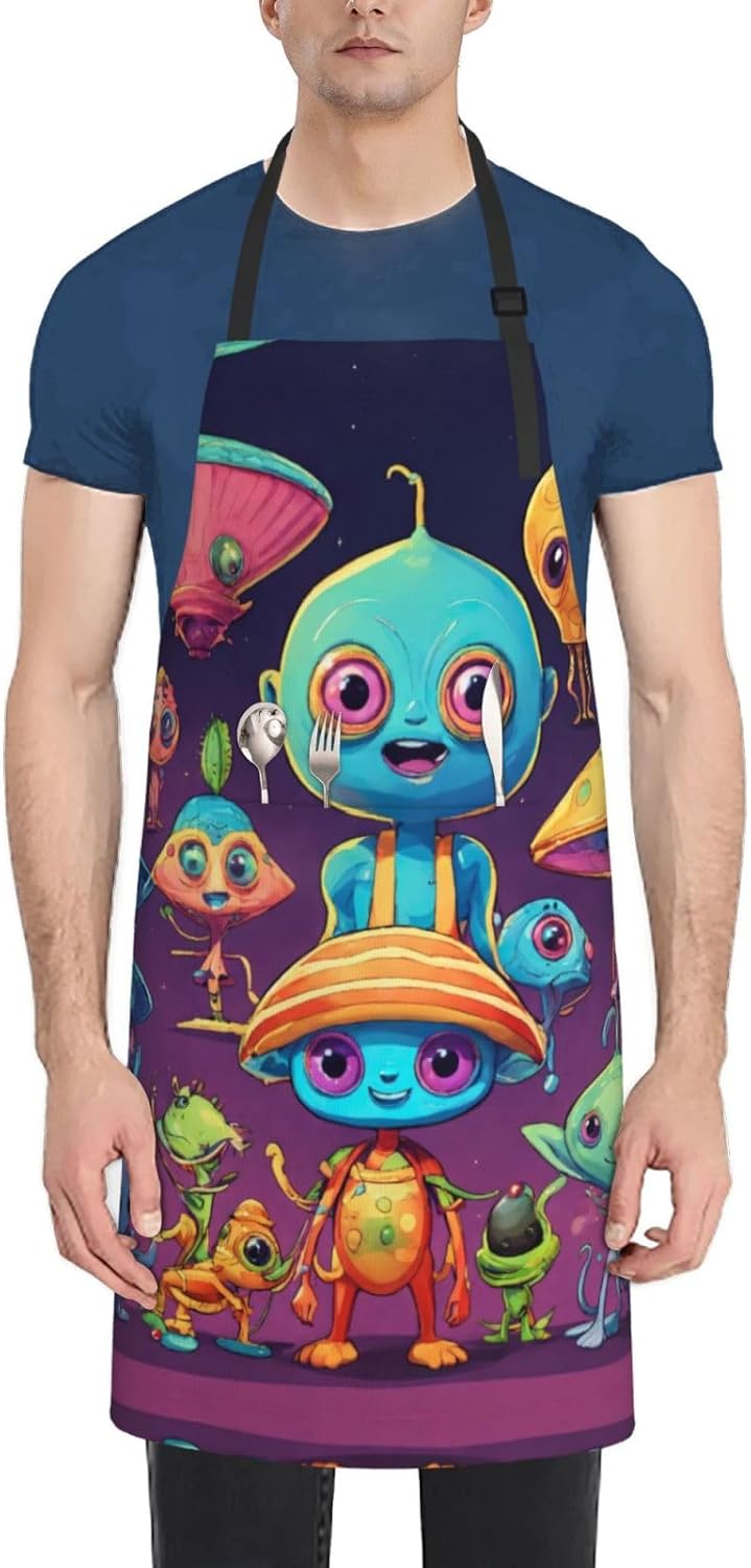 Astronaut And Alien Print Laundry apron 28x33 In Waterproof Kitchen Apron with Pockets for Cooking Baking