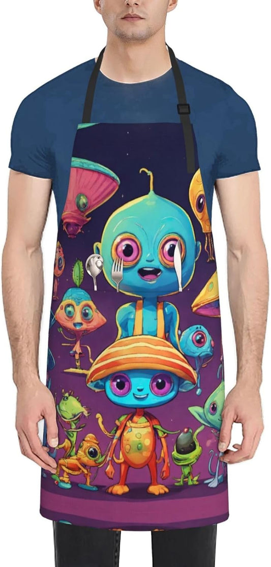 Astronaut And Alien Print Laundry apron 28x33 In Waterproof Kitchen Apron with Pockets for Cooking Baking