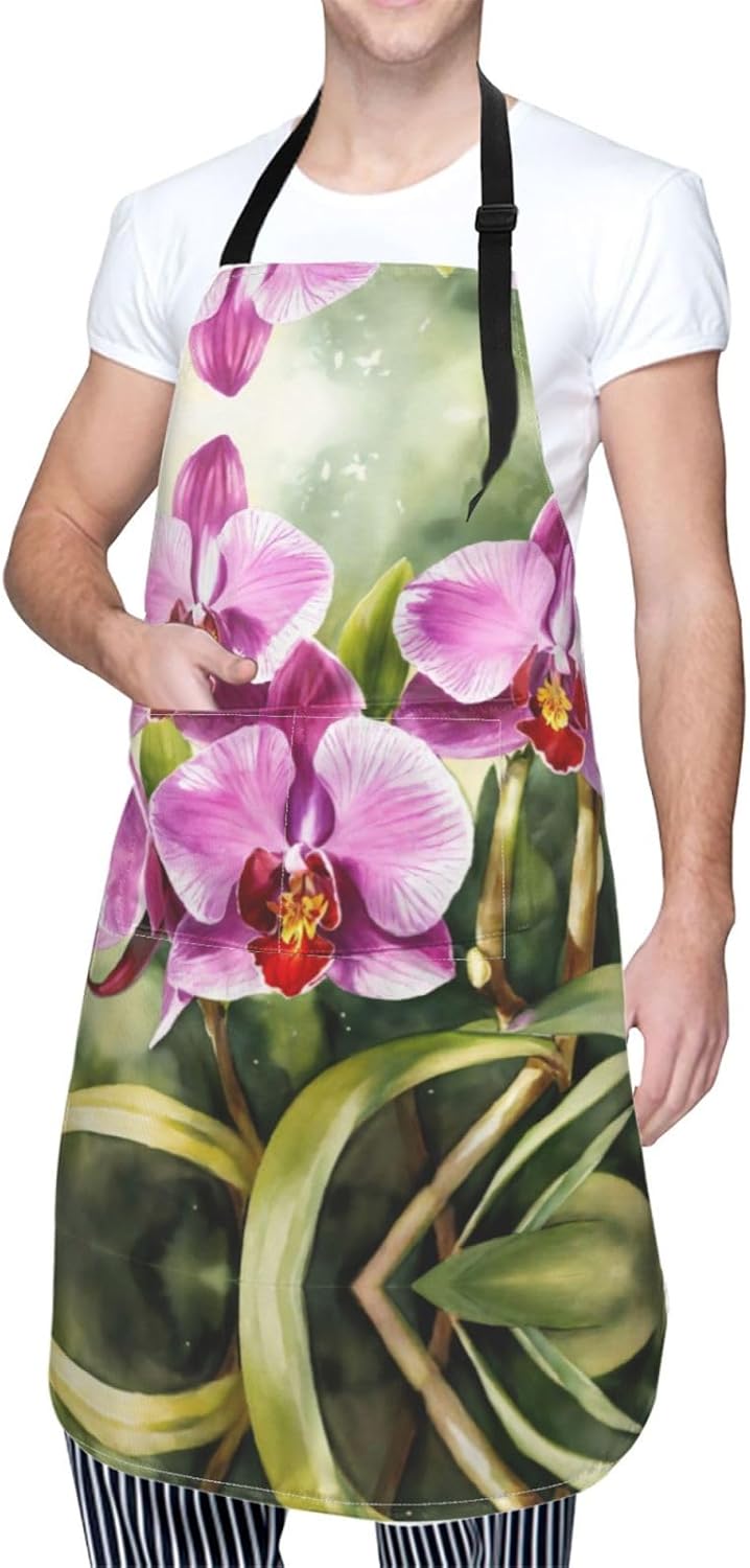 Orchid Print Laundry apron 28x33 In Waterproof Kitchen Apron with Pock
