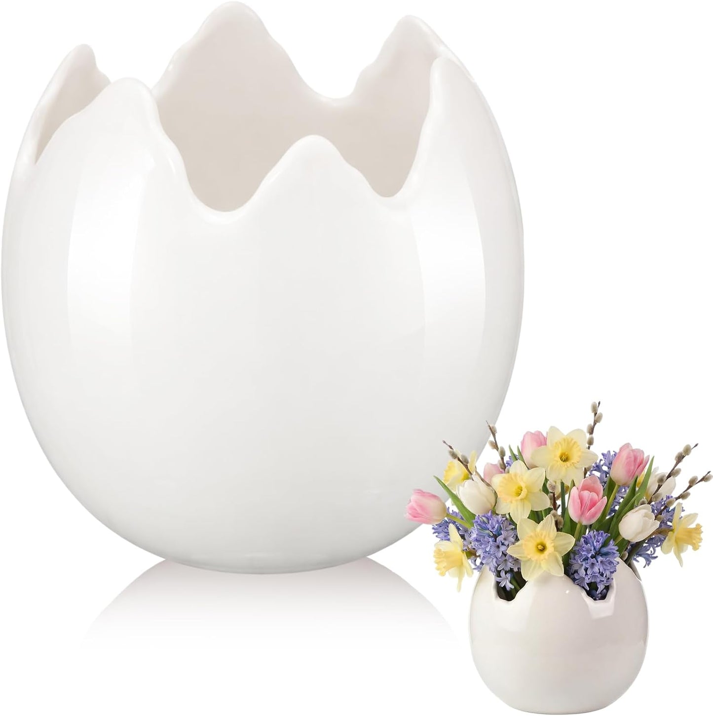 Leinuosen 6.7 Inch Ceramic Easter Egg Vase, Large White Eggshell Flower Planter Pot, Spring Decorative Plant Bowl Flower Vase for Easter Spring Farmhouse Home Garden Office Decorations Gifts (Solid)