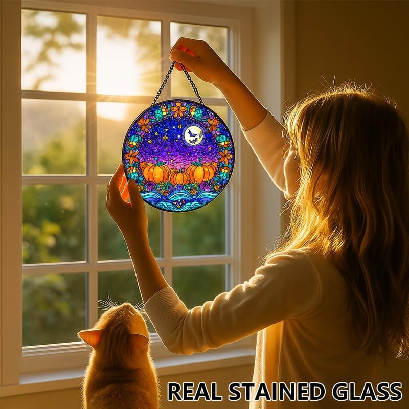 Halloween Pumpkins Bats Stained Glass Window Hanging - Sun Catchers In