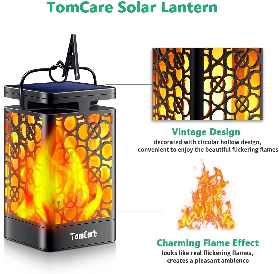 TomCare Solar Lanterns Outdoor Upgraded Flickering Flame Waterproof Ha