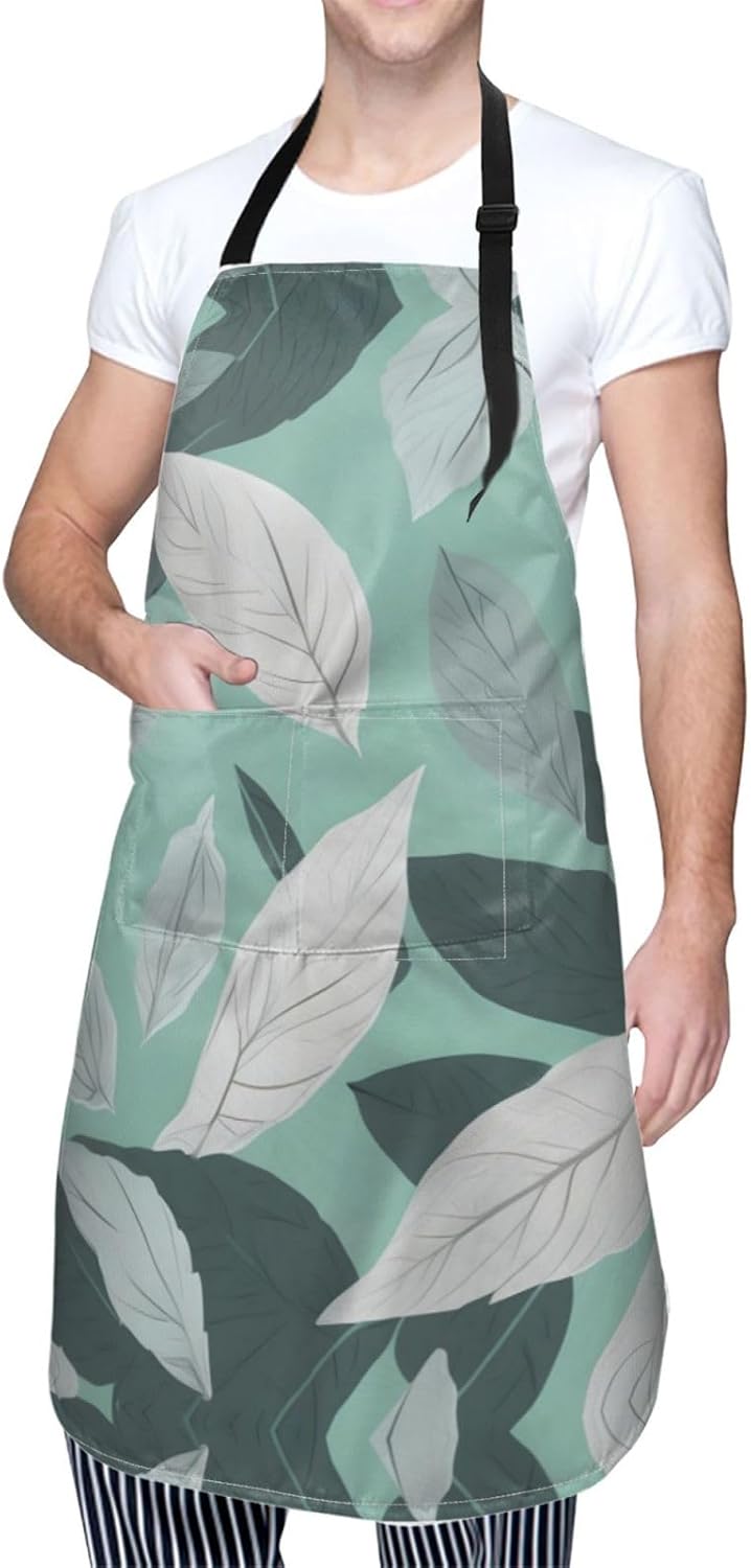 Mint Gray Leaves Print Laundry apron 28x33 In Waterproof Kitchen Apron with Pockets for Cooking Baking