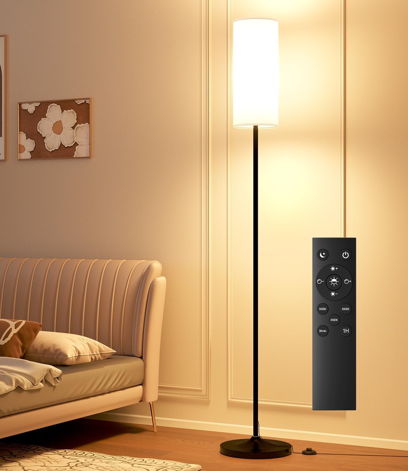 luckystyle Dimmable Floor Standing Tall Lamp, 12W Led Bulb with Lampshade, Foot Switch, Remote Custom Color Temperature Pole for Bedroom, Office, Kids & Living Room, Black