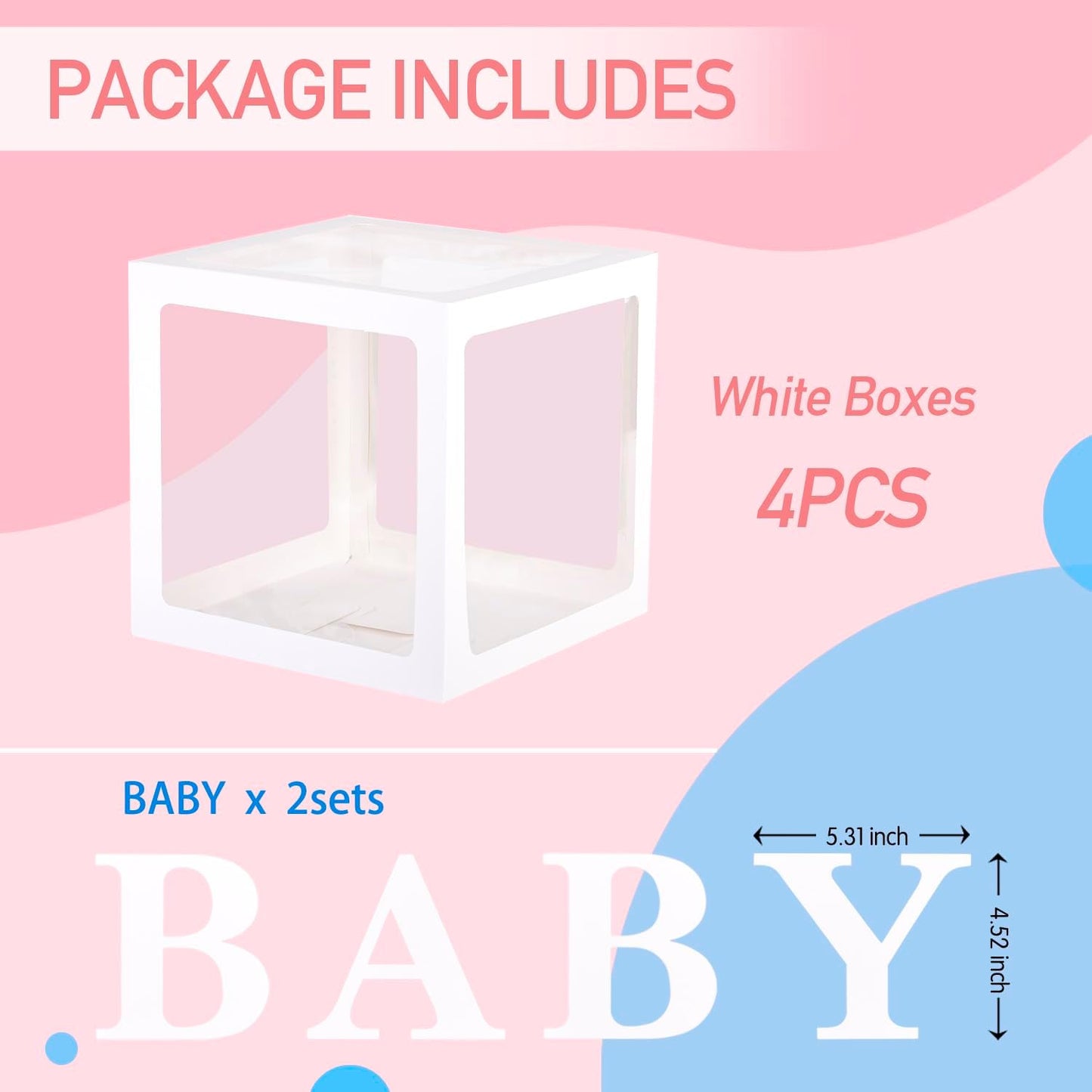 Baby Boxes with 4 PCS Letters for Baby Shower White Clear Balloon Box Blocks Gender Reveal Decorations and Birthday Party (White)