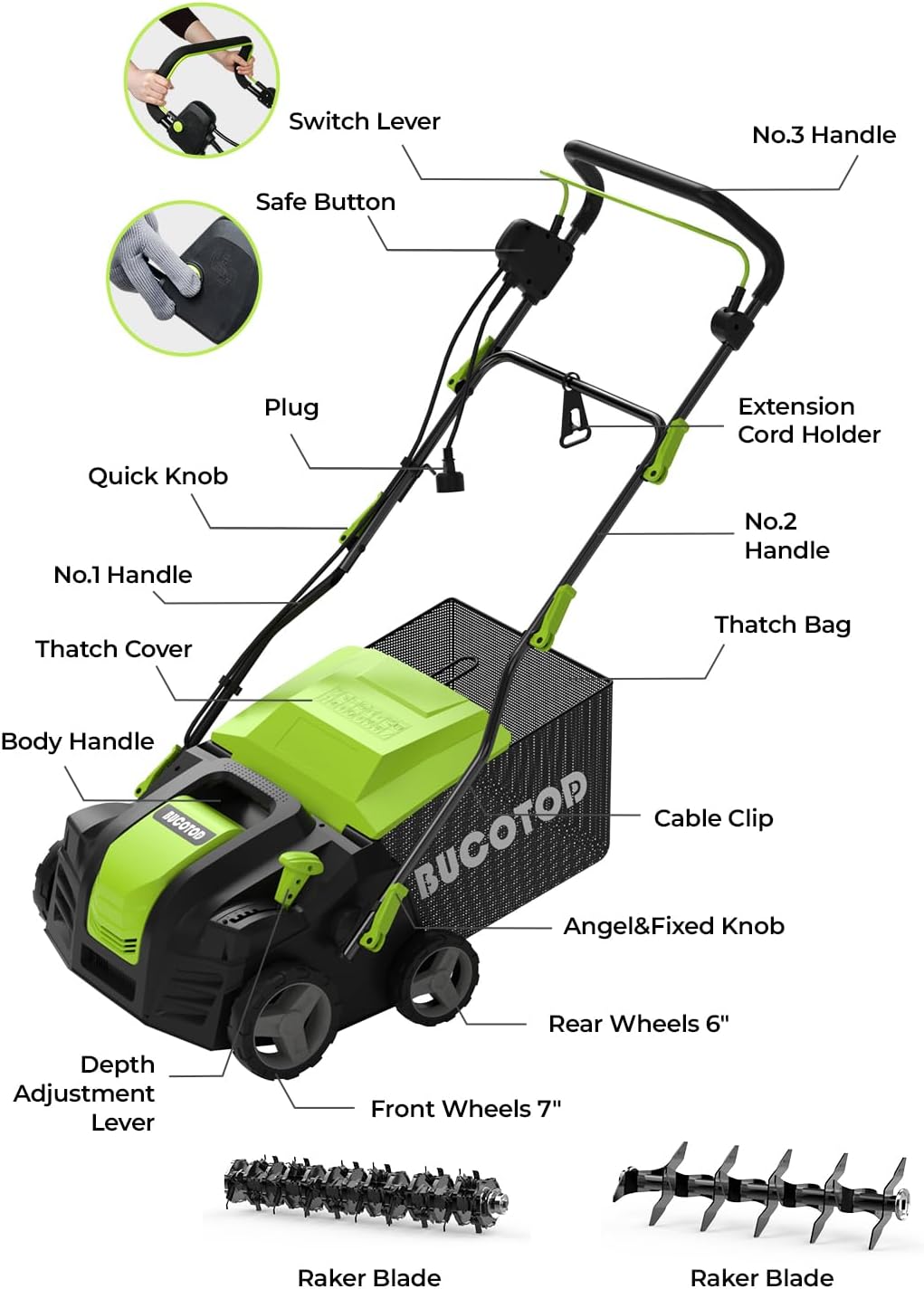2-in-1 Dethatcher & 16-Inch Scarifier Electric Corded, 15 Amp Copper M