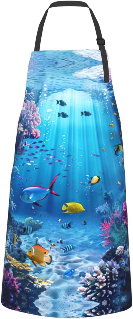 Colorful Ocean Theme print Waterproof chef's apron with pocket apron for kitchen cooking baking barbecue and gardening