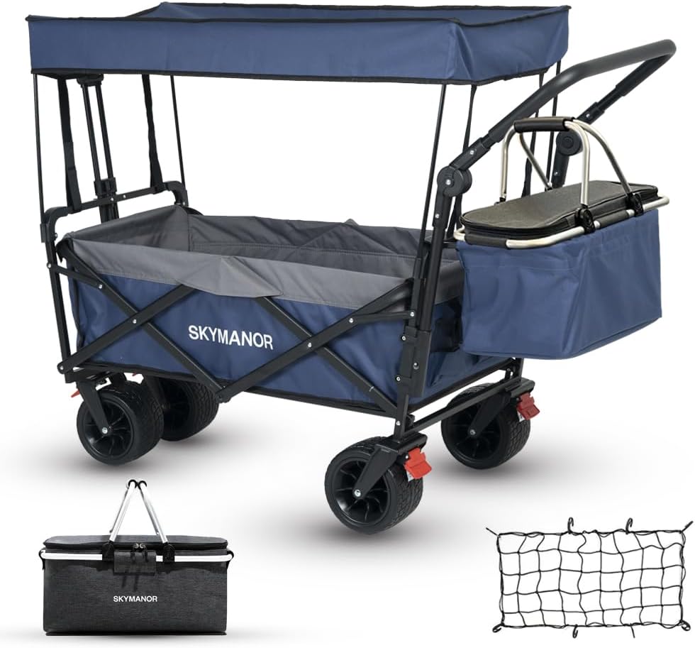 SKYMANOR Collapsible Wagon with Removable Canopy, 3-in-1 Heavy Duty Ga
