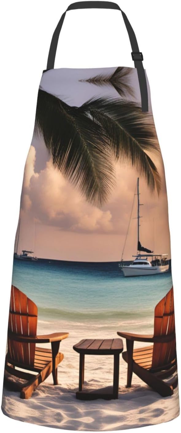 Beach Palm Tree Chairs Boats print Waterproof chef's apron with pocket apron for kitchen cooking baking barbecue and gardening