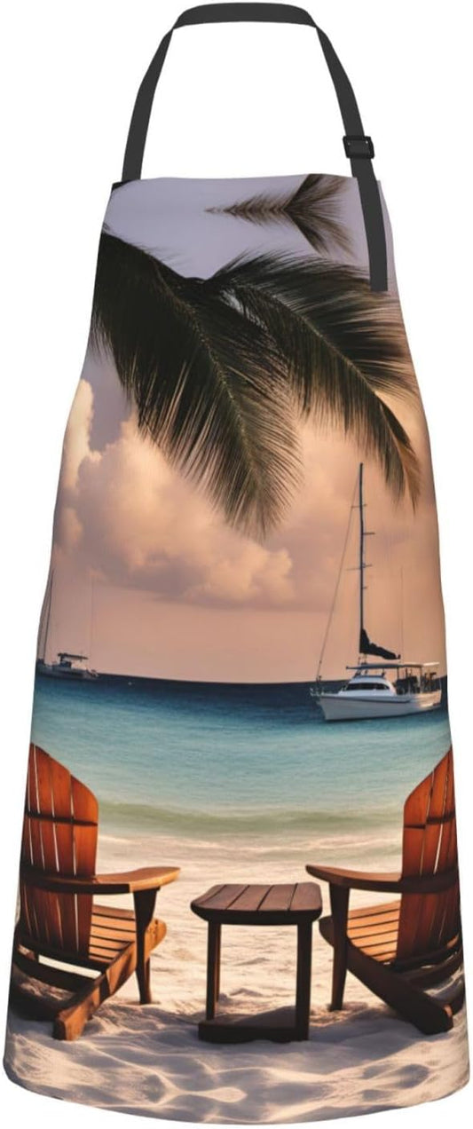 Beach Palm Tree Chairs Boats print Waterproof chef's apron with pocket apron for kitchen cooking baking barbecue and gardening