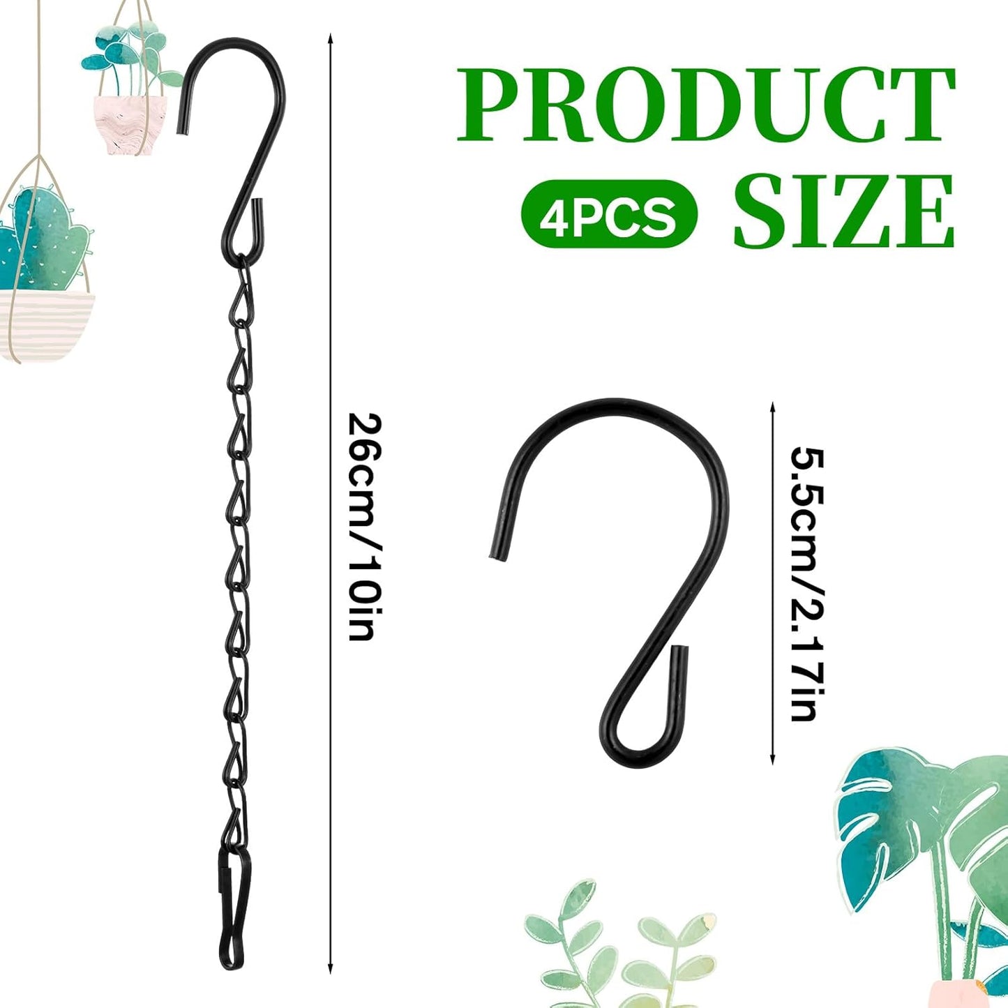 4 Pcs Hanging Chains with Hooks, 10 Inch Small Chain for Hanging Plants, Black Adjustable Plant Chains with Hooks for Baskets, Bird Feeder, Birdbaths, Planters