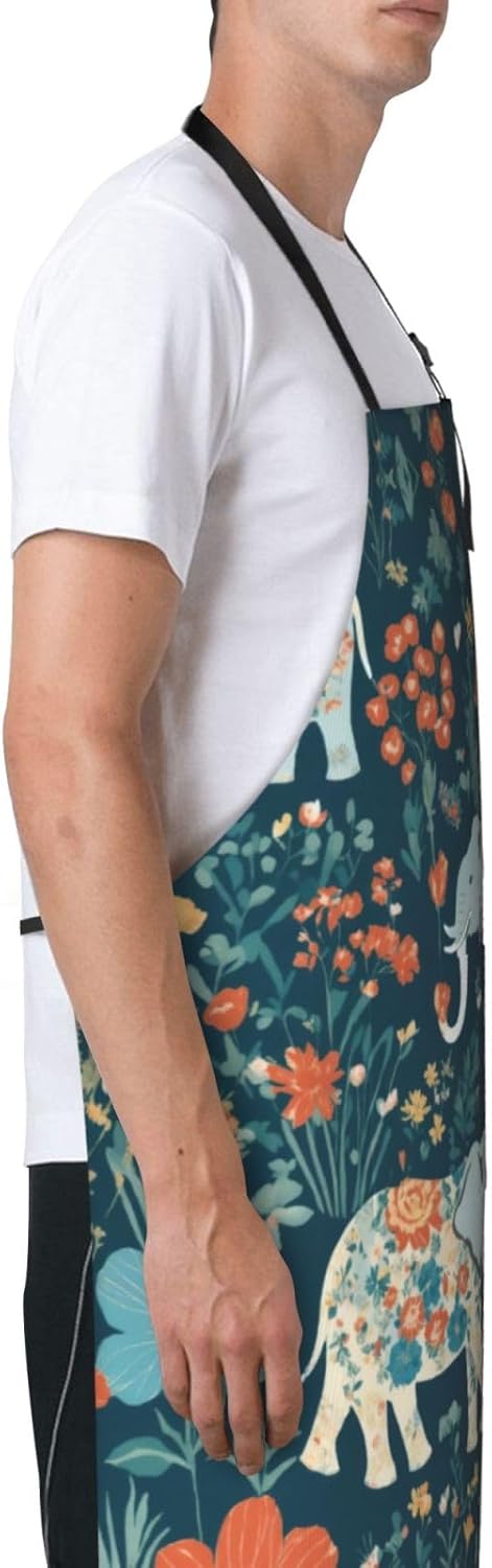 Gorgeous meadows pattern with floral elephant in Print Laundry apron 28x33 In Waterproof Kitchen Apron with Pockets for Cooking Baking