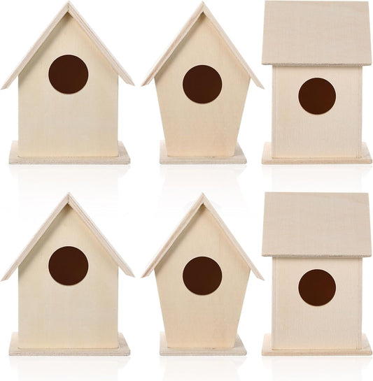 Jetec 6 Pieces Bird House Craft Wooden Birdhouse Kit Build and Paint Birdhouses Unfinished Bird Houses Wooden Arts for Summer Arts and Craft Projects 3 Sizes