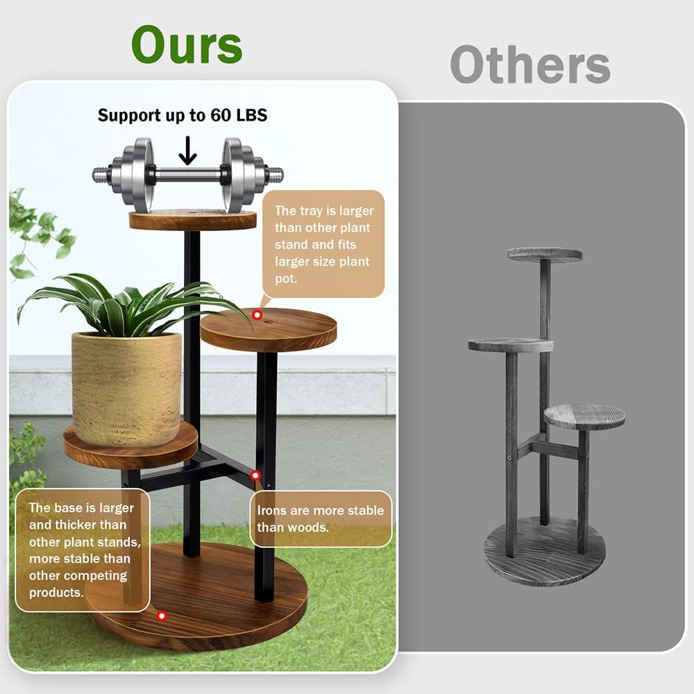 AUGOSTA 3 Tier Plant Stand, Tall Metal Wood Shelf Holder for Indoor, O