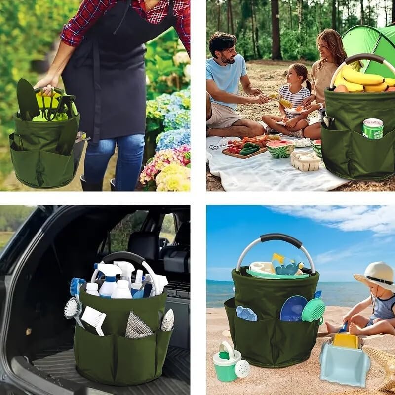 Collapsible Garden Tool & Cleaning Caddy – 12-Pocket Fold-Flat Canvas Bucket | Heavy-Duty 600D Oxford, Padded Handle | Picnic, Camping, RV, Home Storage Basket for Gardeners & Families – Green