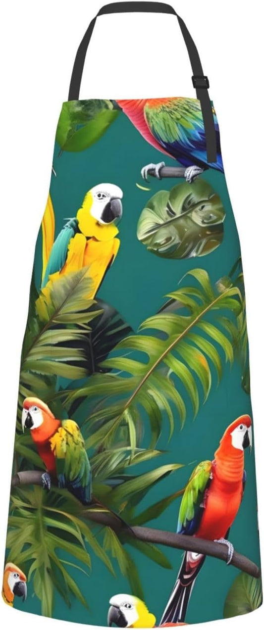 Tropical plants and parrots print Waterproof apron with pocket adjustable cooking apron for adult kitchen bibs to bake