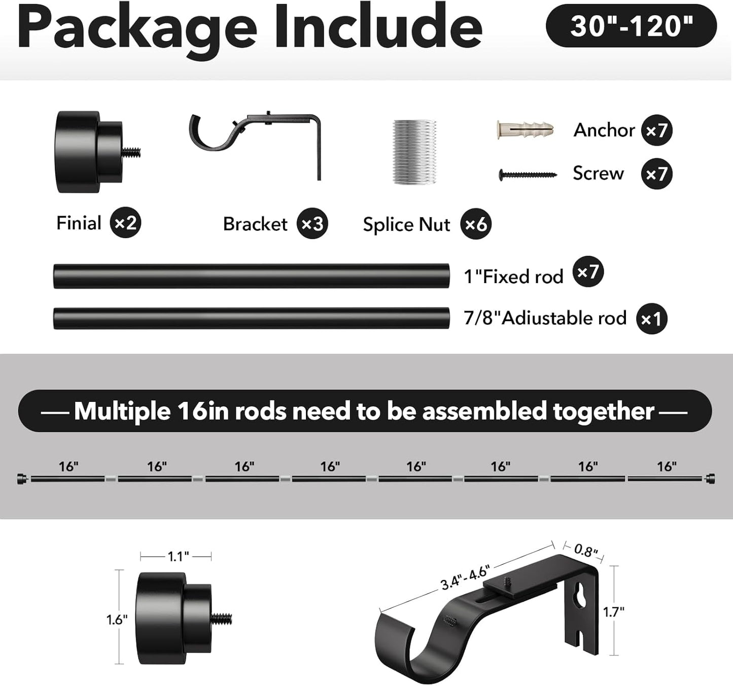 Heavy Duty Curtain Rods for Windows 66 to 120 Inch,1 Inch Adjustable Black Curtain Rod with Easy Installation and Modern Design,Decorative Long Drapery Rods with Metal Finials (A1,Black,30-120")