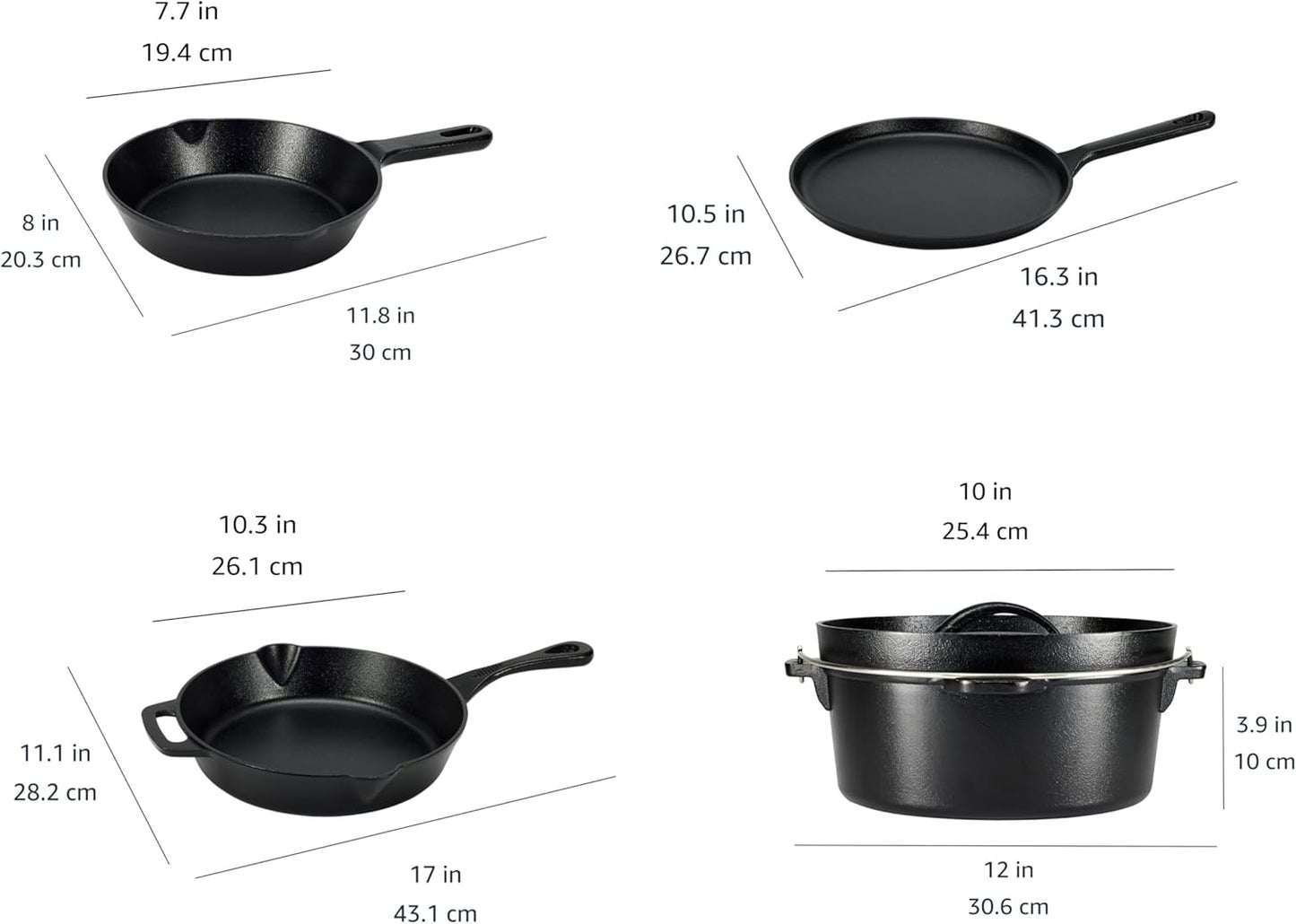 Amazon Basics Pre-Seasoned Cast Iron 5-Piece Cookware Set, Oven Safe, 