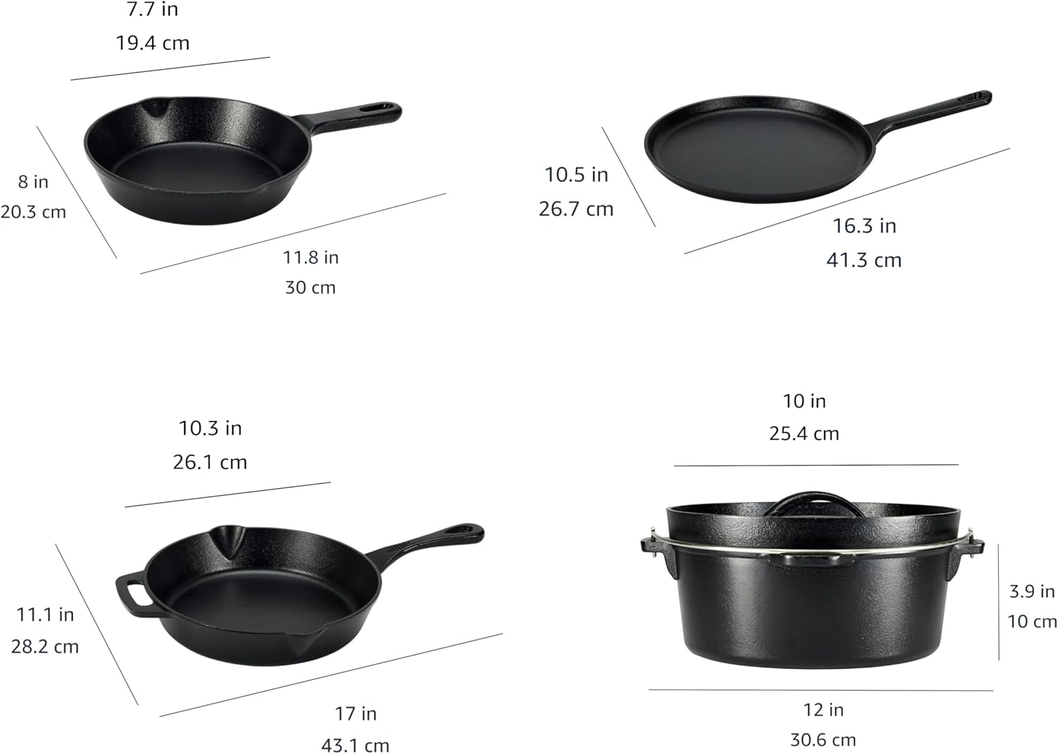 Amazon Basics Pre-Seasoned Cast Iron 5-Piece Cookware Set, Oven Safe, 