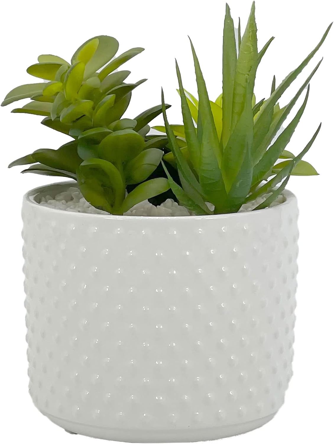Galt International Faux Assorted Succulent Arrangement in White Dimpled Ceramic Porcelain Pot Planter 7.87" Tall | Home Decor Living Room Kitchen Washroom Restroom Office Plant