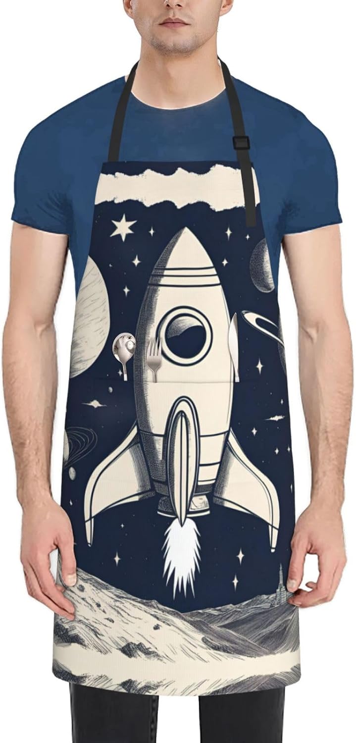 Rocket in Space print Waterproof chef's apron with pocket apron for ki