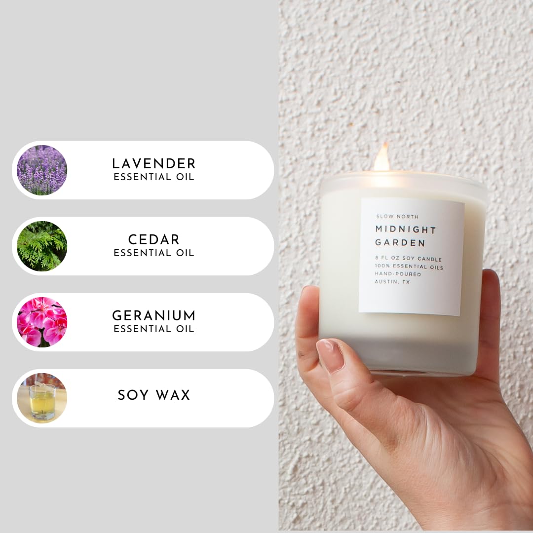 Slow North Midnight Garden Candle - Essential Oils and Pure Soy Wax Candle in a Reusable Frosted Glass Jar - A Unique Scented Candle Hand-Poured in The USA (8 oz)