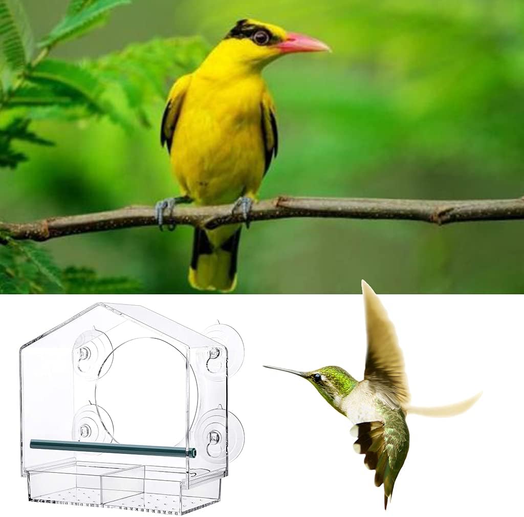 Acrylic indo Bird Feeder Large Size ith Suction Cup Detachable Seed Tray ith Drain Hole Bird House for Bird atching