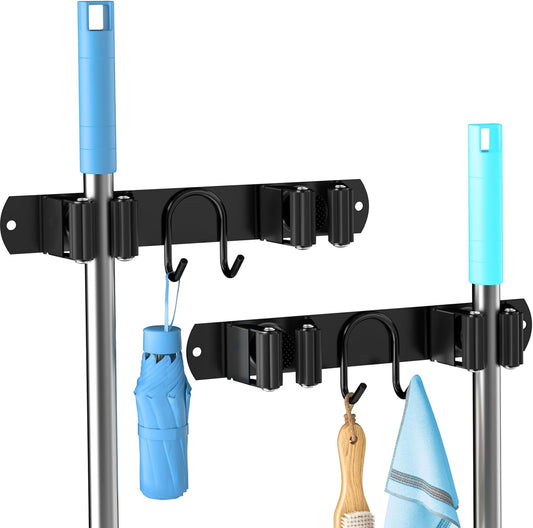 Broom Holder Wall Mount, 2-Pack Stainless Steel Mop and Broom Organizer, Broom Hanger with 2 Slots 2 Hooks for Home Kitchen, Garage, Garden and Laundry Room, Black