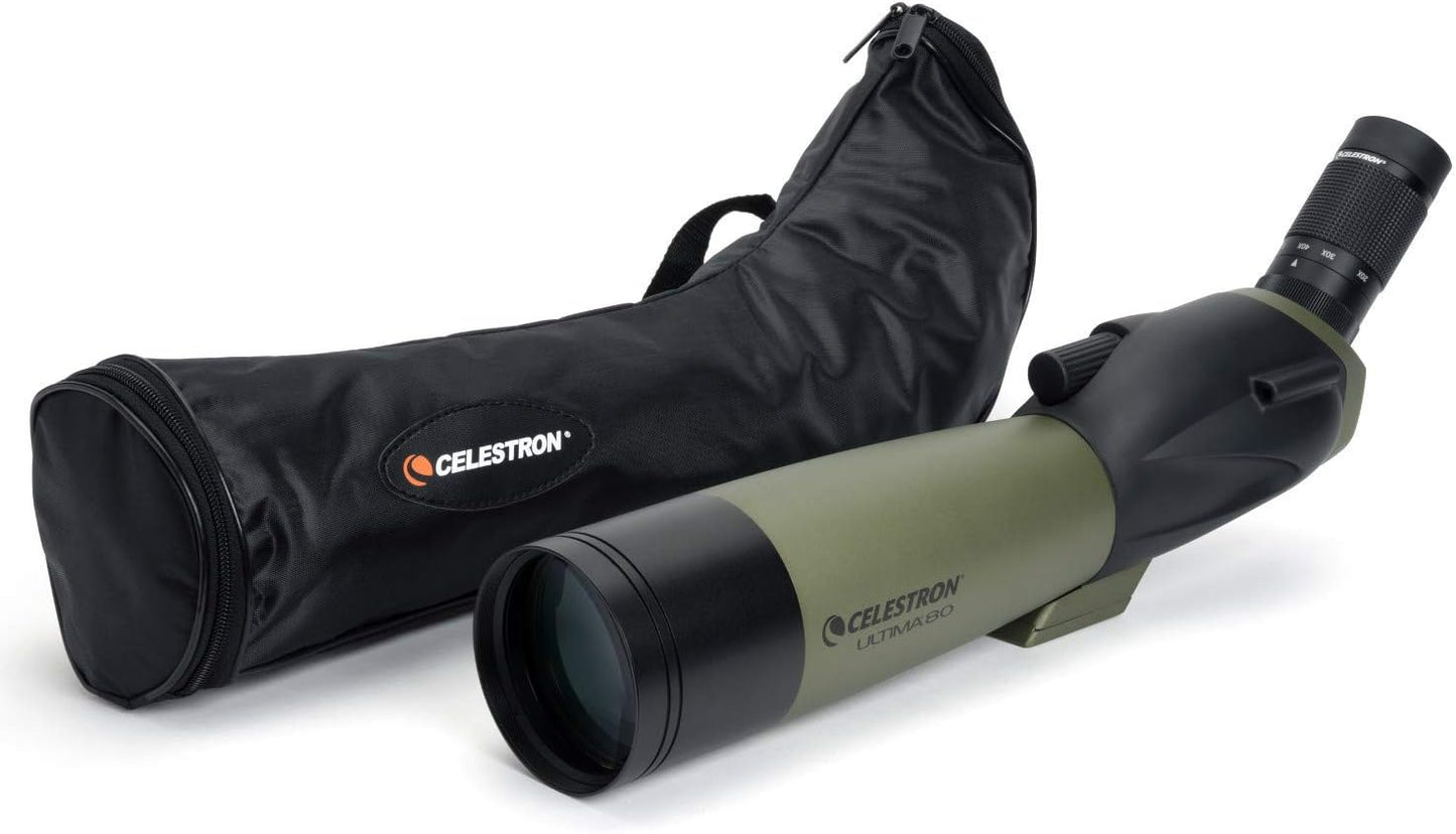 Celestron 52250 Ultima 20-60x80mm Angled Refractor Spotting Scope Telescope with Multi-Coated Optics, Waterproof Rubber Tubing and Soft Carry Case, Green