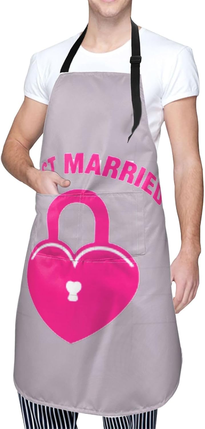 just married Print 28x33 In Adult Kitchen Apron with Pockets Versatile Chef Smock for Cooking Baking